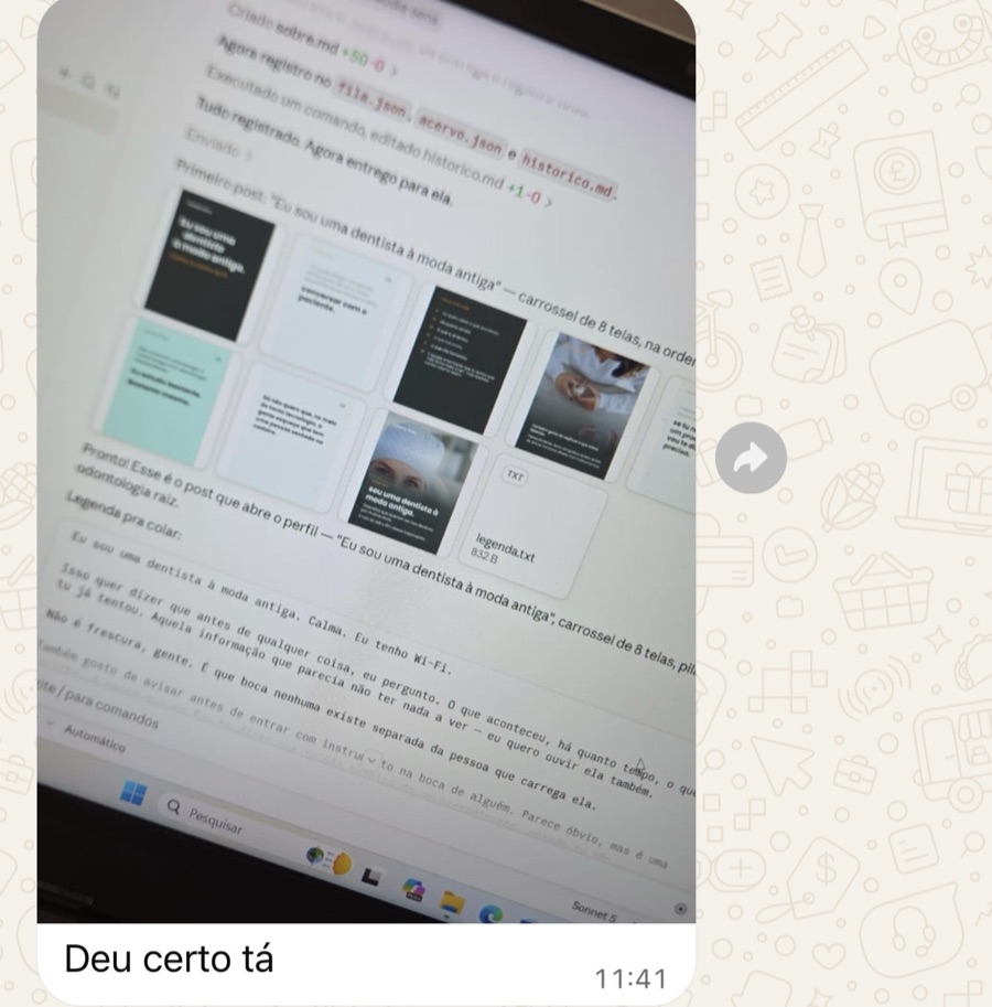 Print de WhatsApp: Deu certo tá, com a foto de uma tela mostrando um carrossel de oito telas e a legenda
