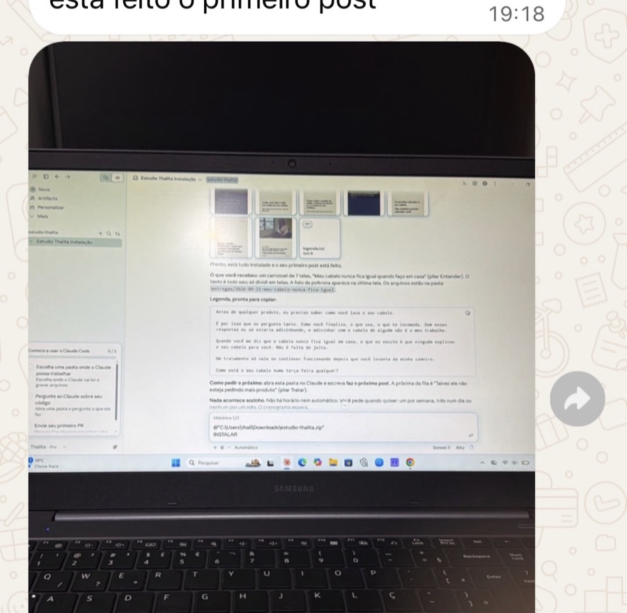 Print de WhatsApp: Muito feliz porque deu muito certo, já está feito o primeiro post, com a foto do computador mostrando a ferramenta